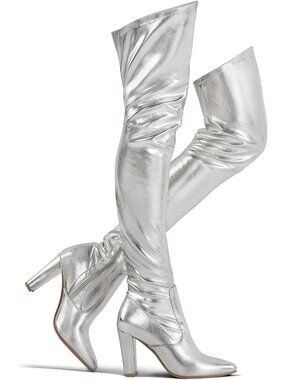 Women's Silver Stretch Suede Chunky Heel Over The Knee Thigh High Boots